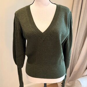 Veronica Beard Olive Ribbed V-Neck Sweater